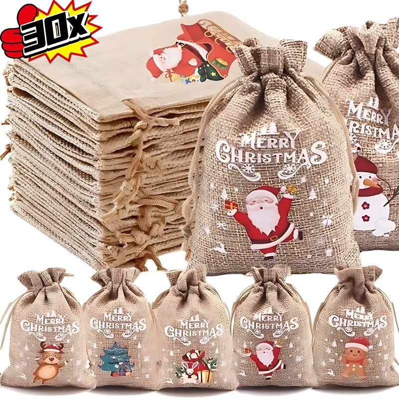 

Wholesale Burlap Christmas Bag Santa Claus Snowman Drawstring Candy Cookies Pouch Xmas Favor Bracelet Jewelry Gift Packaging Bag