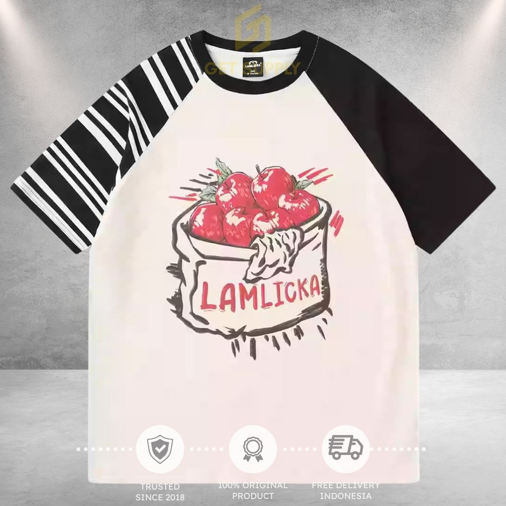 LAMLICKA STRIPED SLEEVE ANIMATION APPLE BAJU OVERSIZE TEE ORIGINAL IMPORT BRANDED STREETWEAR UNISEX