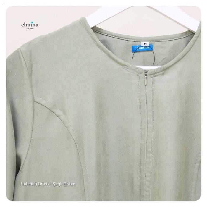 Elmina Halimah Dress Gamis Terbaru Lebaran 2024 Simple Minimalis Ramadhan White Putih Sage Green Hij