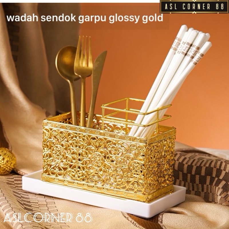 SHAFFSHOP Tempat Sendok Garpu SS304 Meja Gold.Wadah sendok garpu ukiran glossy gold
