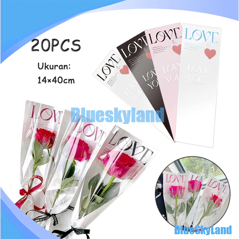 

[1 pack 20 lembar] plastik single flower tulisan love printed korean style plastik bunga tangkaian satuan single stalk rose mika