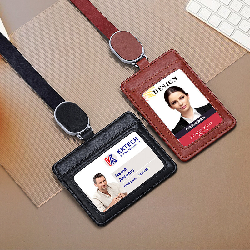 

2025 NEW Real Leather Work Card Cases ID Certificate Holder with Retractable Badge Reel Lanyard