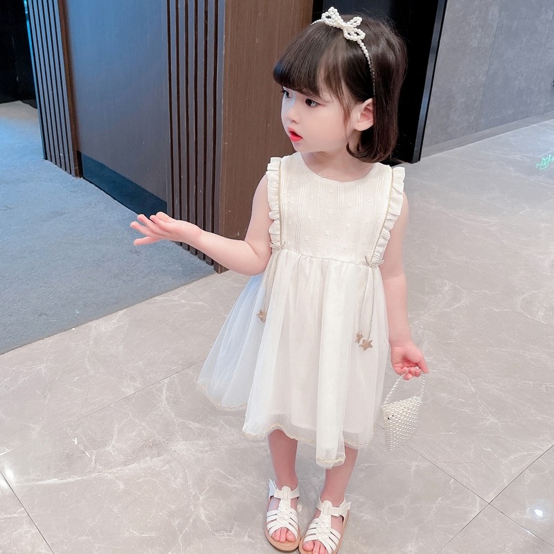 Gaun Putih Anak Perempuan Satin Bintik Halus Lengan Kerut Rok Jaring Rantai Bintang Pinggiran Emas L