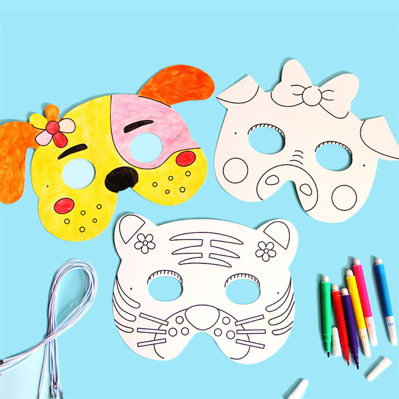 

8Piece Kids Cartoon Animal DIY Graffiti Art Crafts Mask Toy Paper Mask Hand-painted White Paper Card Material with Color Pens