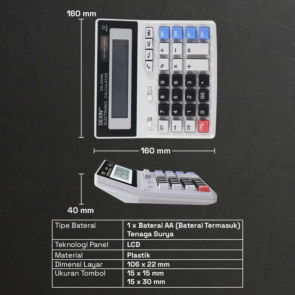 

KANSHP DEXIN Kalkulator 12 Digit Large LCD Display Two Way Power Solar - DS-200ML