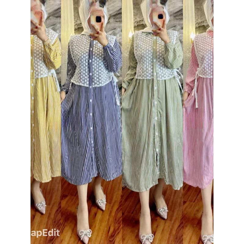 RN FASHION MUSLIM STYLE, MIDI DRES WANITA KOMBINASI BRUKAT IMPORT