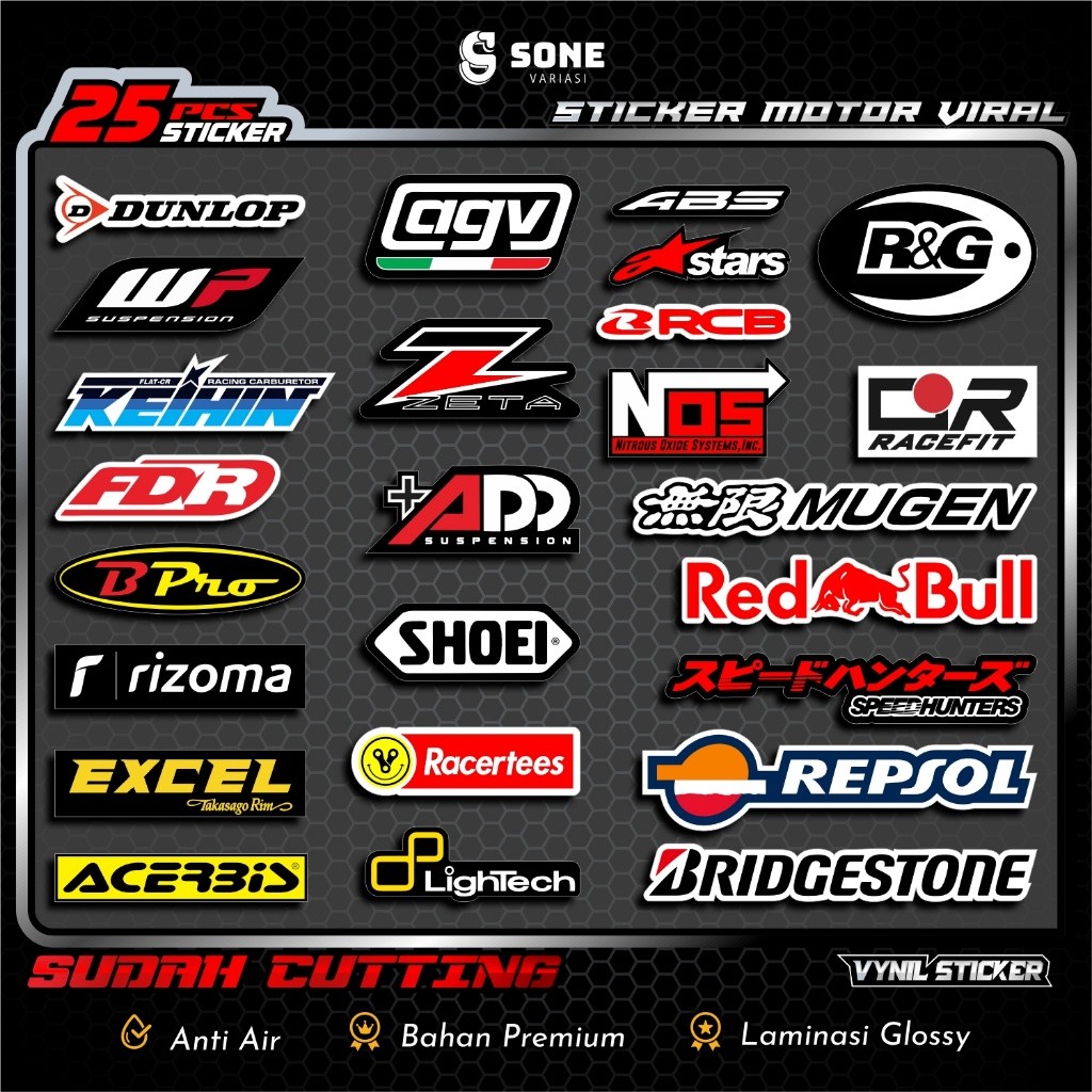 Sticker Racing Isi 25 Pcs Stiker Vinyl Pack Print & Cutting Stiker Motor / Sticker Racing Motor / St