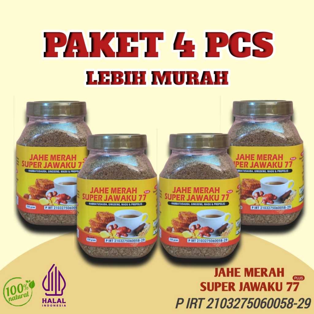 

Paket 4 Botol Jahe Merah Bubuk Super Jawaku77 Plus Ginseng Madu 1kg