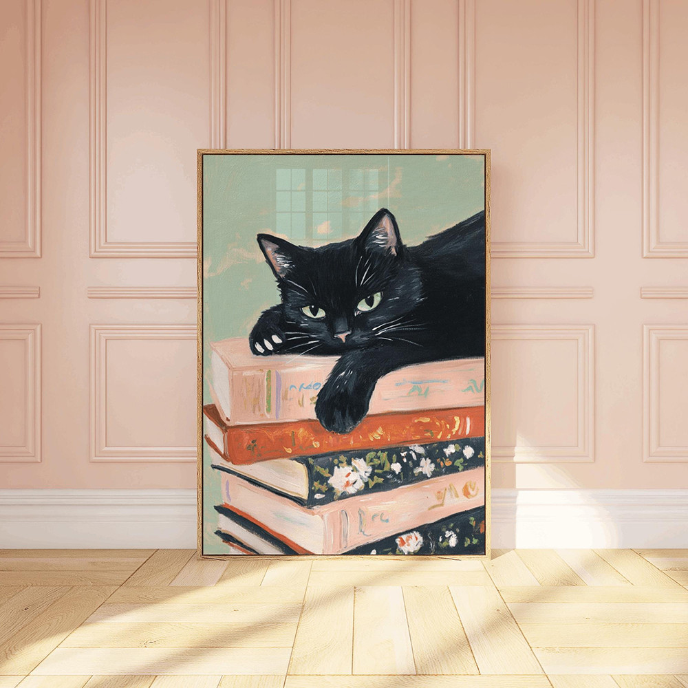 

Black Cat Book Lover Poster Wall Art Print Canvas Painting Stack of Books Print Bookworm Art Pictures For Living Room Apartment