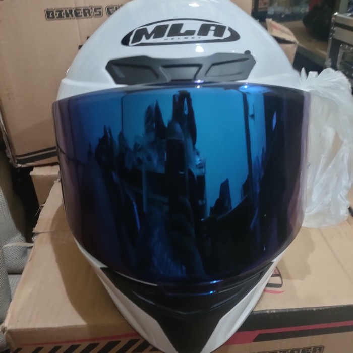 Terlaris -Helm Full Face MLA Crypton Polos Solid White Visor Biru - Helm FullFace MLA - Helm Full Fa