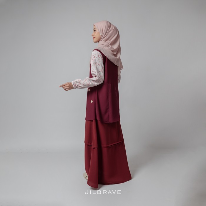 "C.Hyl S" - READY STOCK JILBRAVE Sadira Dress Gamis Lebaran Feminine Elegant Motif Bunga - BURGUNDY,