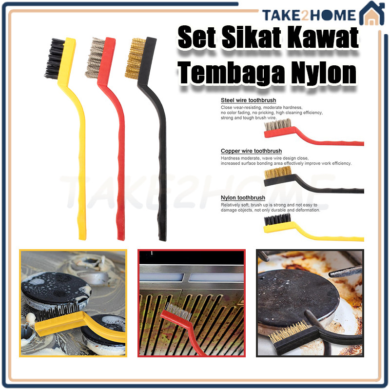 3Pcs Sikat Kawat Set Sikat Nilon/Tembaga Stainless Mini Wire Brush Sikat Sol/sikat besi kawat