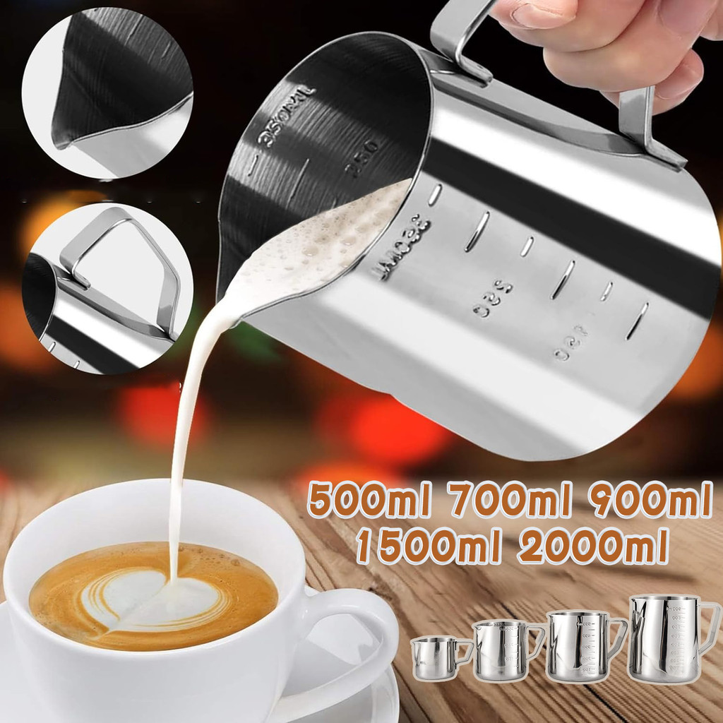 MOREBI Glass Pitcher / Milk Jug Glass Pitcher Latte Art Stainless Steel Dengan Garis 500ml 700ml 900