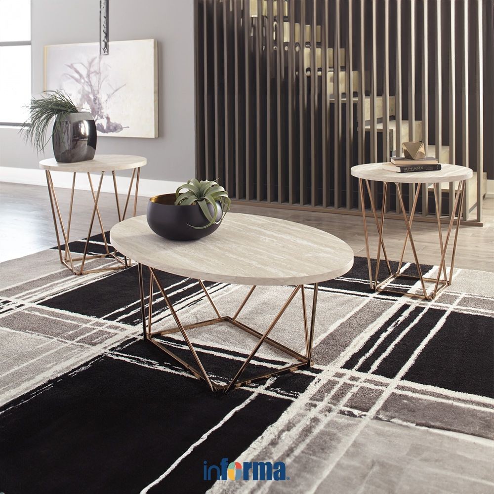 Informa Ashley Set 3 Pcs Tarica Meja Tamu & Meja Sisi T385 - Putih/Gold Set Coffee Table And End Tab