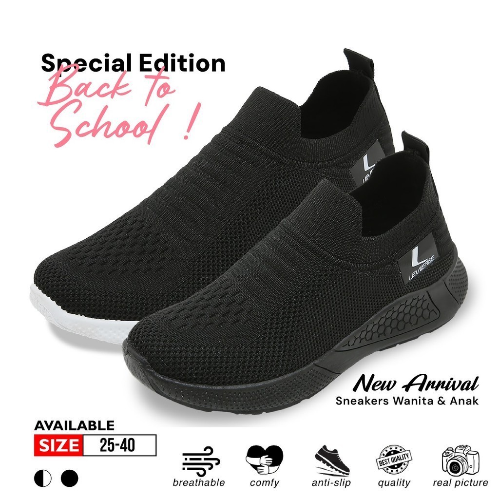 BAHAN PREMIUM / LVRkids FREE BOX SIZE 25-40 LV0438 Sepatu Sekolah Anak SD Sepatu Slip On Anak Hitam 