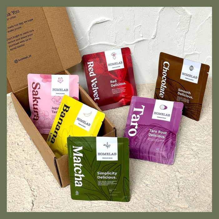 

promo ￼6 Bungkus Bubuk Minuman Premium Single Pack - 6 Rasa Matcha, Chocolate, Red Velvet, Sakura, Taro, Banana terlaris