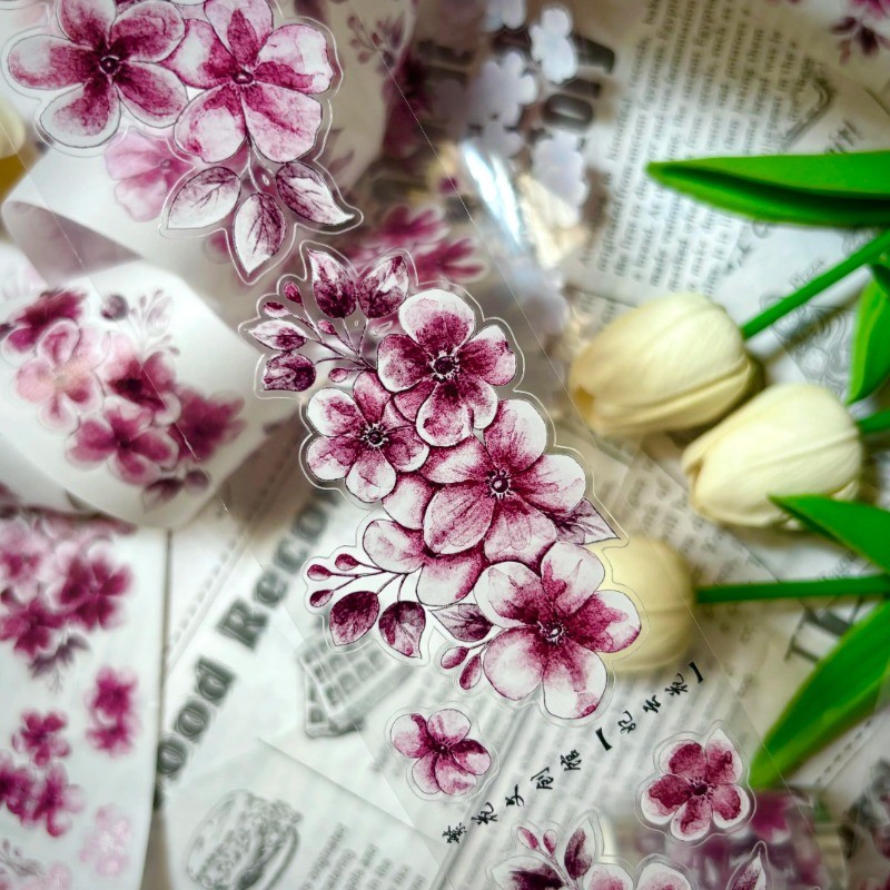 

Vintage Romantic Purple Flowers Die Cut PET Washi Tape Craft Supplies DIY Scrapbooking Card Making Decorative Plan Sticker