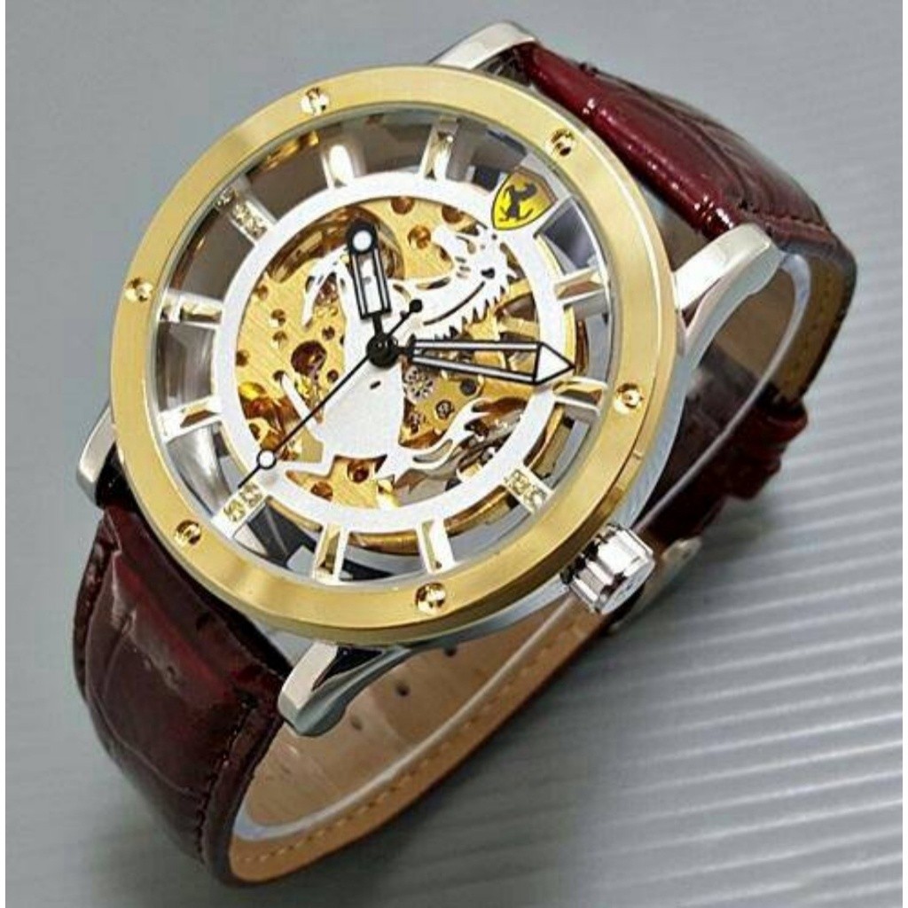 TERBARU JAM TANGAN FERRARI MESIN OTOMATIS TANPA BATRAI TALI KULIT FREE BOX ||JAM TANGAN AUTOMATIC