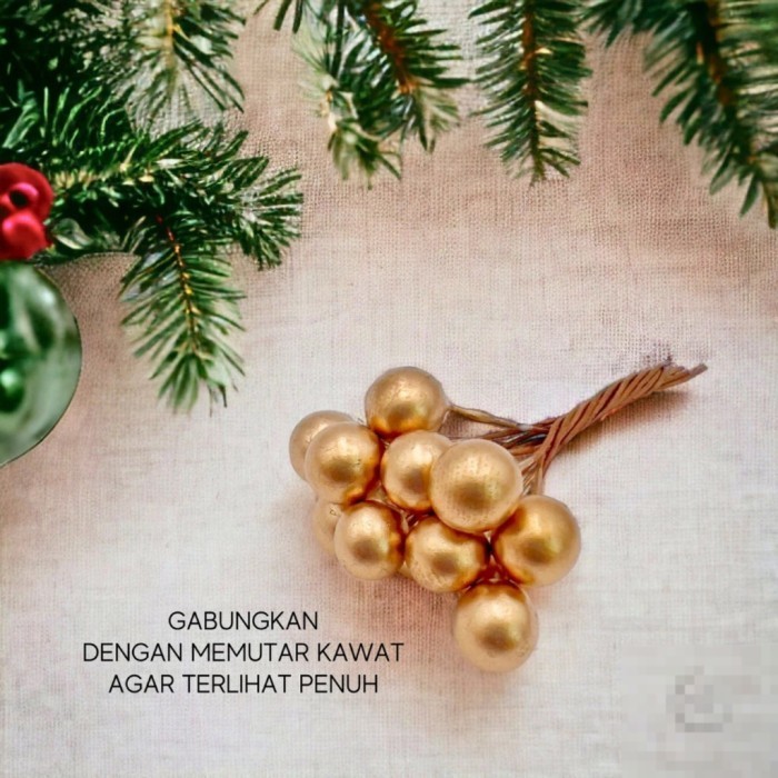 DIY hiasan dekorasi natal christmas putik bunga lobi cherry emas 5mm