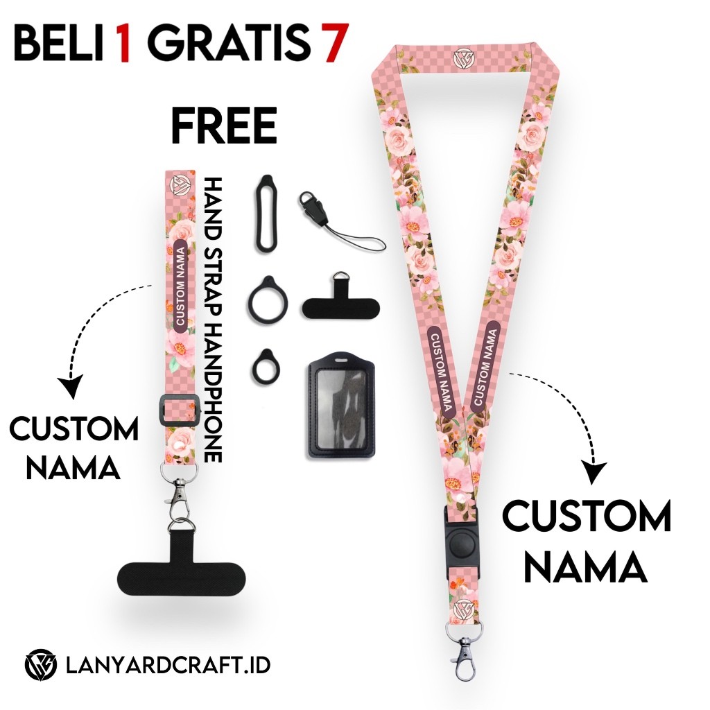 

Lanyard Custom Nama Floral Series Free Strap Handphone Adjustable Gantungan Tali Lanyard