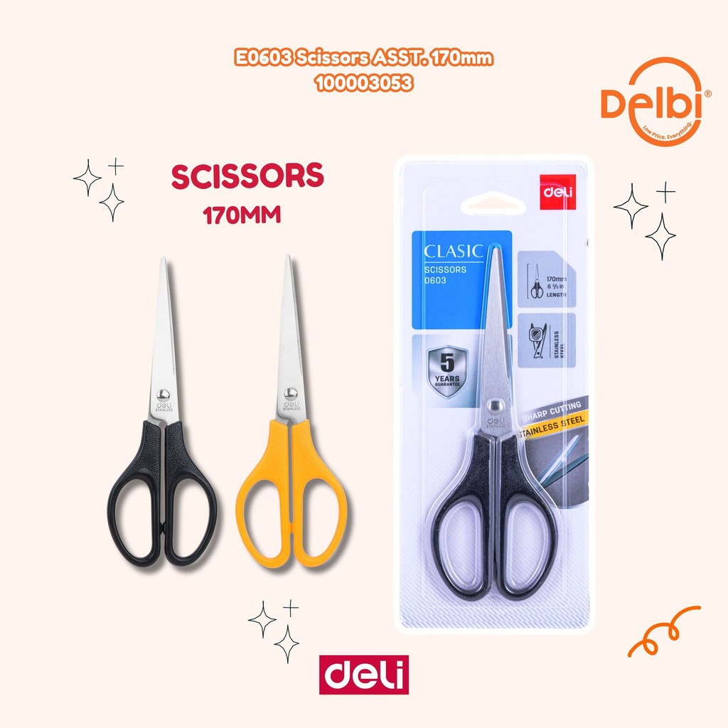 

Deli Gunting PP, stainless steel 170mm gagang simetris, ujung runcing E0603 E0603 Scissors ASST. 170mm