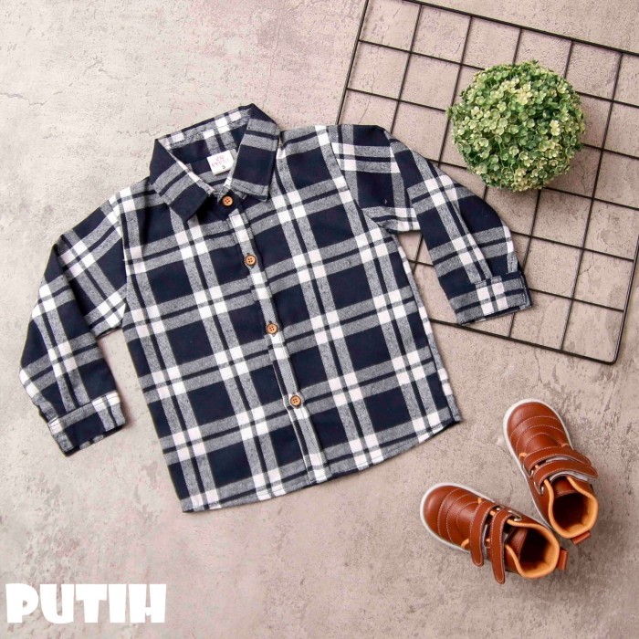 ✨LARIS✨ -KobaKids - KEMEJA FLANEL ANAK LAKI LAKI & PEREMPUAN USIA 1-9 TAHUN - Putih, S=1-2Tahun