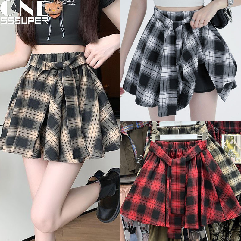 S-2XL Rok Pendek Pinggang Tinggi Ala Korea Rok Pendek Kemeja Kotak-kotak Rok Pendek Tidak Beraturan 