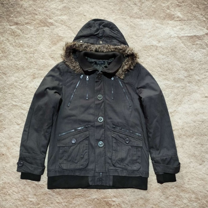 jaket parka pria IN THE ATTIC hoodie sherpa coklat tua bulu bisa di lepas size L