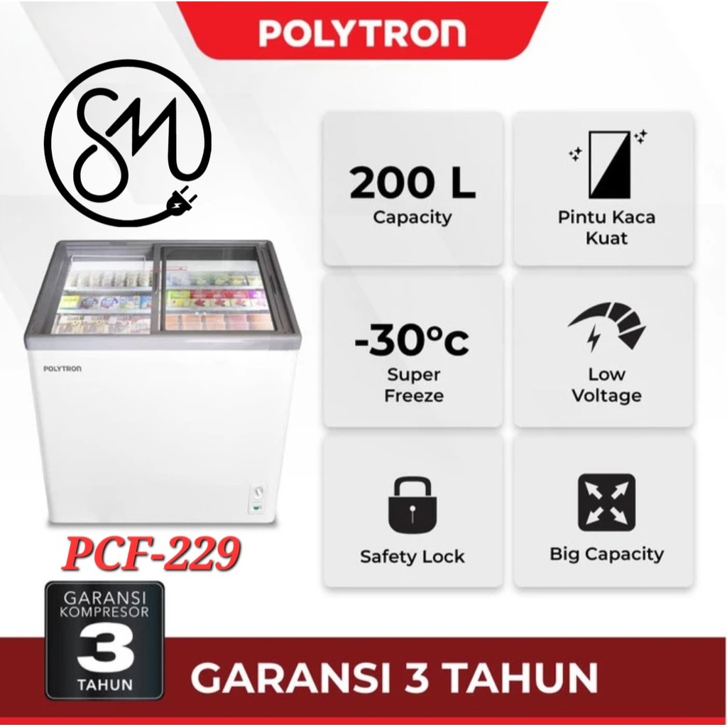 Chest Freezer Polytron PCF-229 200 Liter PCF229 Sliding Flat Glass Geser