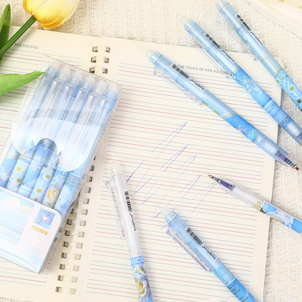 

1 SET ISI 6 PCS PEN ENTERNAL MOTIF BUNGA / PEN GEL QUICK DRYING SMOOTH / PEN BIRU BISA DIHAPUS