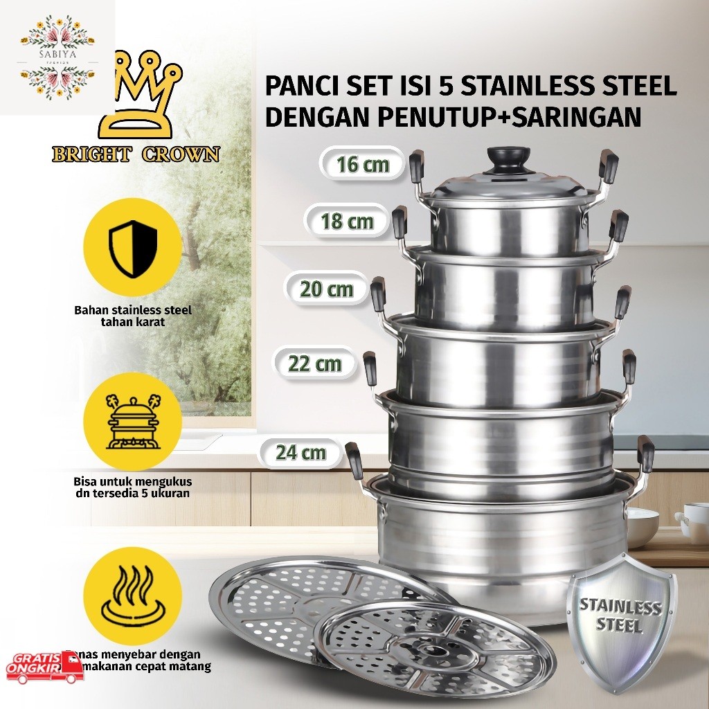 Alat Masak / Bright Crown 12in1 Panci Steamer Set Stainless isi 5 pcs + 2pcs Kukusan Panci Bahan Teb