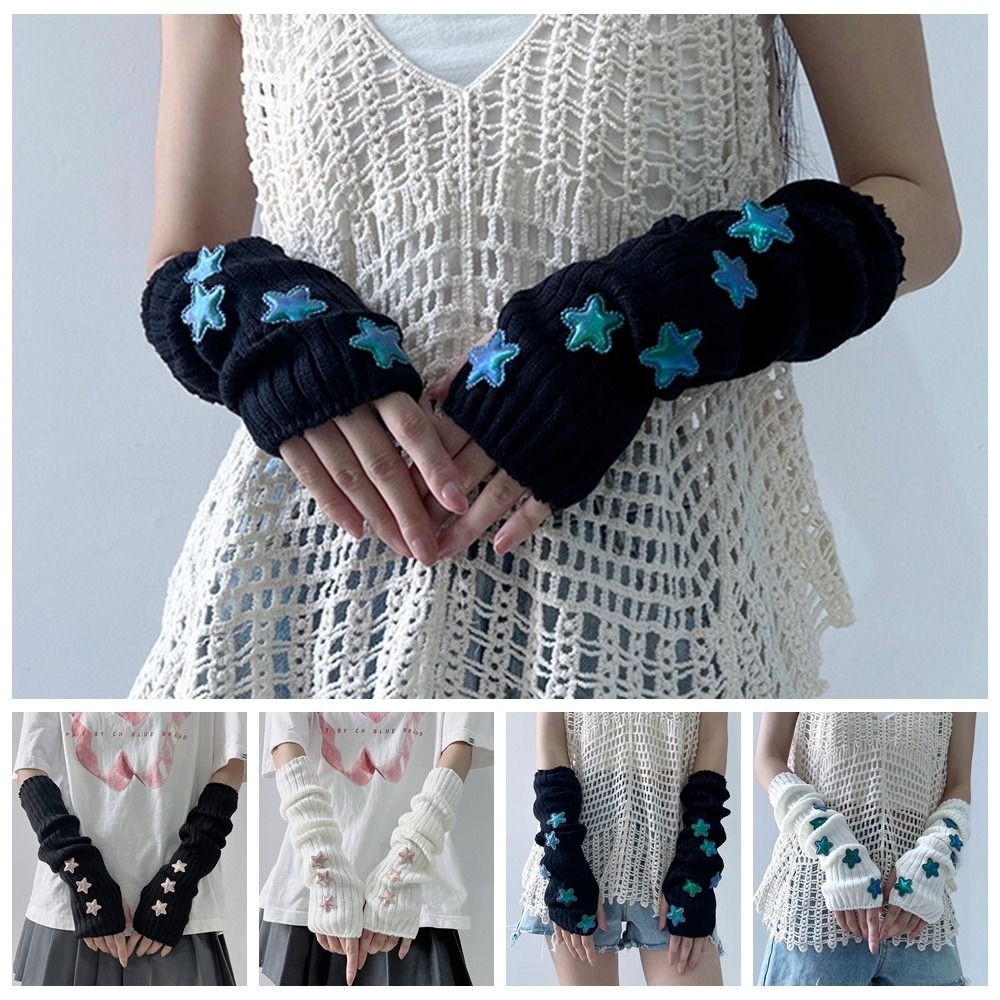 Punk Solid Color Star Knitted Gloves Y2k Gothic Wool Sleeve Cuff Long Hand Sleeve Arm Warmers Winter
