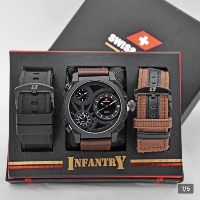 Jam tangan pria swiss army infantry triple time free 2 tali - Hitam