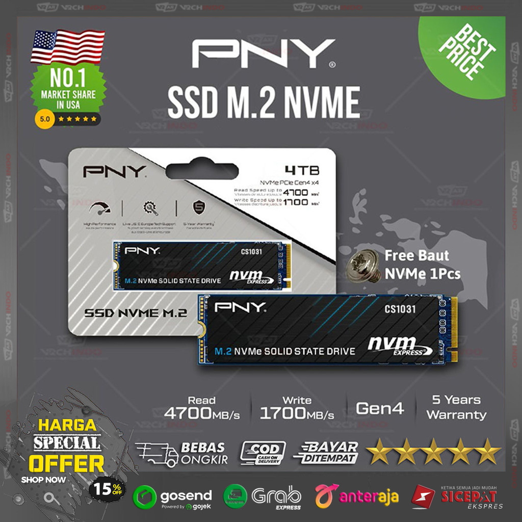 SSD NVMe M.2 PNY CS1031 PCIe 2280 - SSD NVME M2 PNY CS-1031 Gen 3 X4 Top Brand USA 