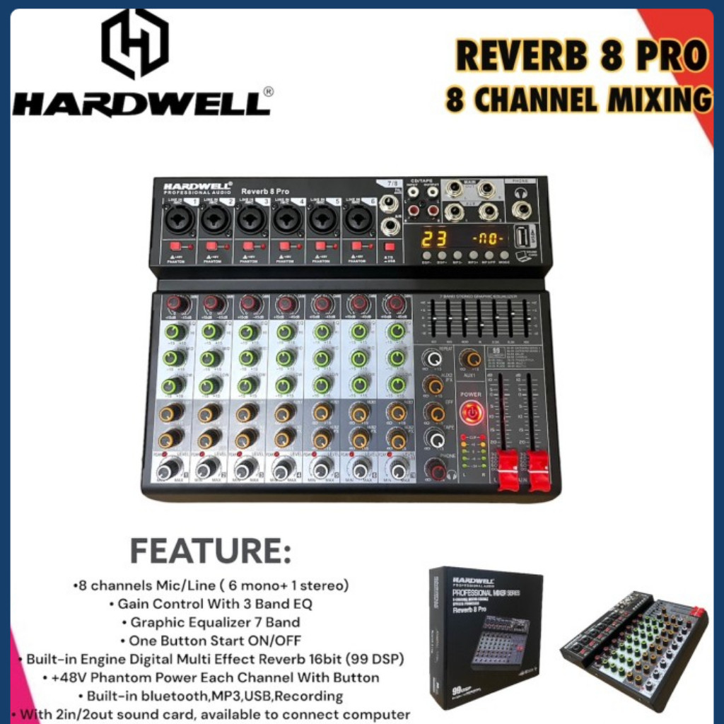 Mixer Audio Hardwell Reverb 8 / REVERB8 Audio Mixer 8 CH Karaoke USB Bluetooth Original