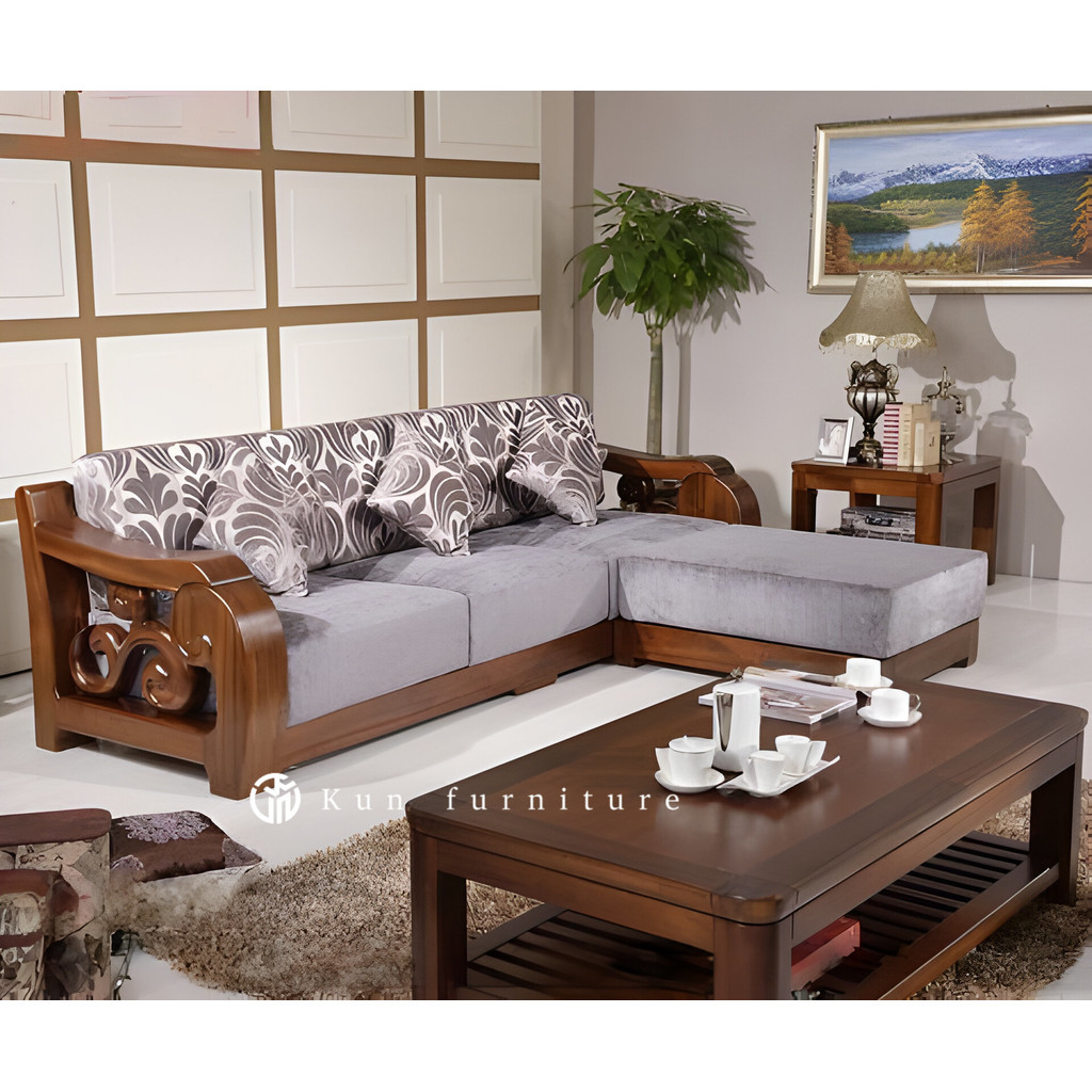 sofa tamu letter L kayu jati berkualitas, kursi tamu sudut | Kun furniture