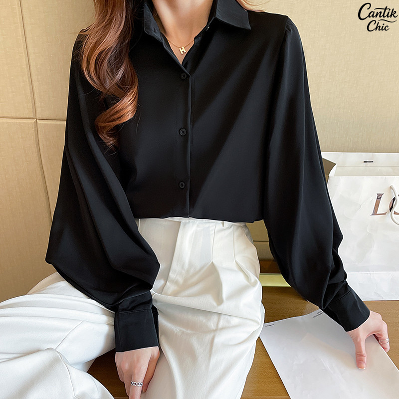 Premium Kemeja Blouse Wanita Satin Hitam Polos Lengan Panjang Korean Style Formal Kantor Kerja OL Ov