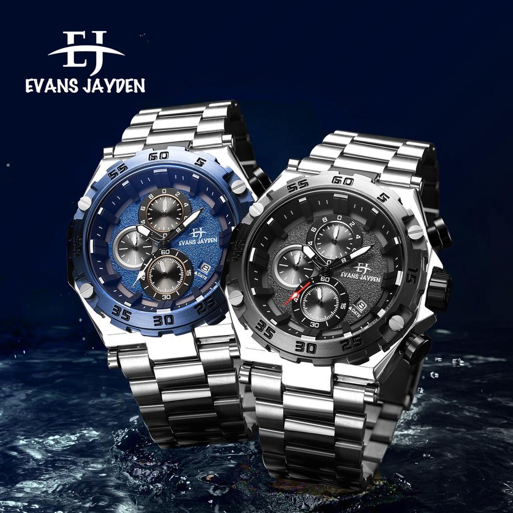 Jam Tangan Evans Jayden Jam Tangan Pria EJ 9840 Rantai Stainless Steel Chronograph Kaca Sapphire Wat