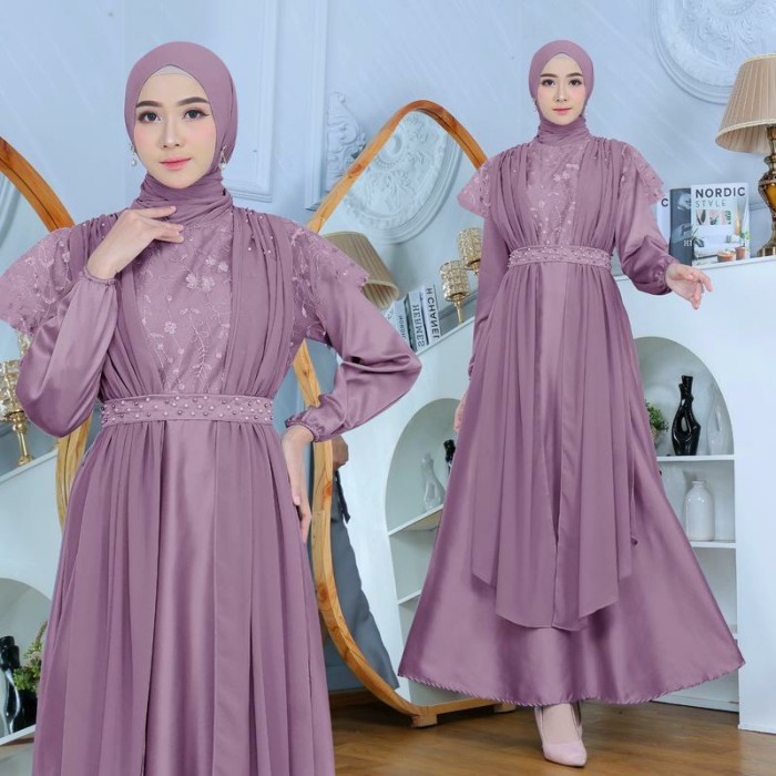 Gamis biru muda wanita premium remaja bahan babydoll tile mutiara Jenna - Hitam, L