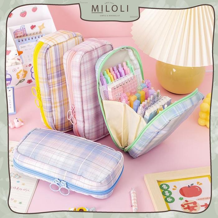 

[[New Collection Kids]] [MILOLI] Kotak Pensil Grid kanvas Macaron Kapasitas Besar Portabel Multifungsi Style Stationery - F0182 - B. GREEN