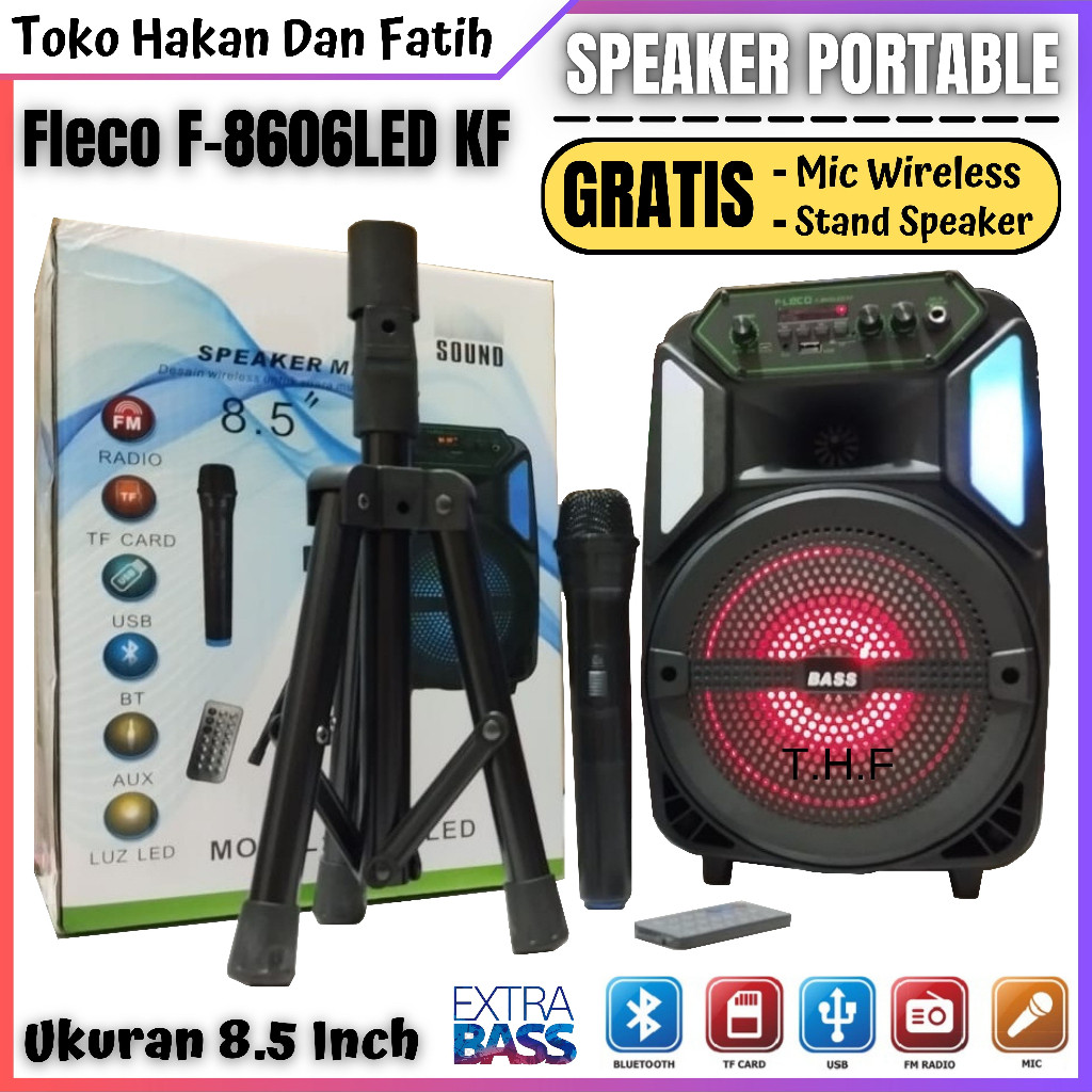SERBA COD SPEAKER BLUETOOTH FLECO F-8606LED KF | F-8606 LED KF 8'5 INCH FREE MIC WIRELESS KARAOKE + 