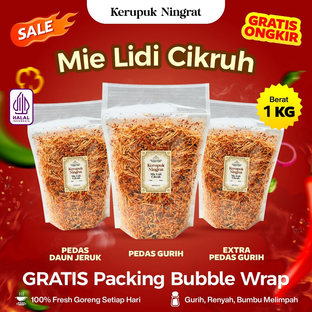 

Mie Lidi Cikruh 1 KG Remukan Pedas Gurih & Pedas Daun Jeruk Halal Food Snack Camilan Crispy