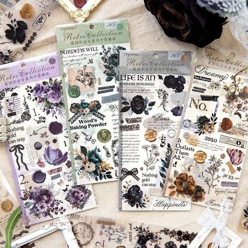 

Card Lover 3 Pc [Lace Feast Series] Vintage Journal Stickers PET Sticker Paper Scrapbooking Material Scrapbook Kit