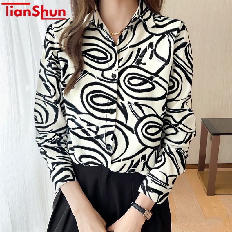 TianShun Gaya Jalanan Fashion Versi Korea Sifon OL Kemeja Lengan Panjang Wanita Kasual