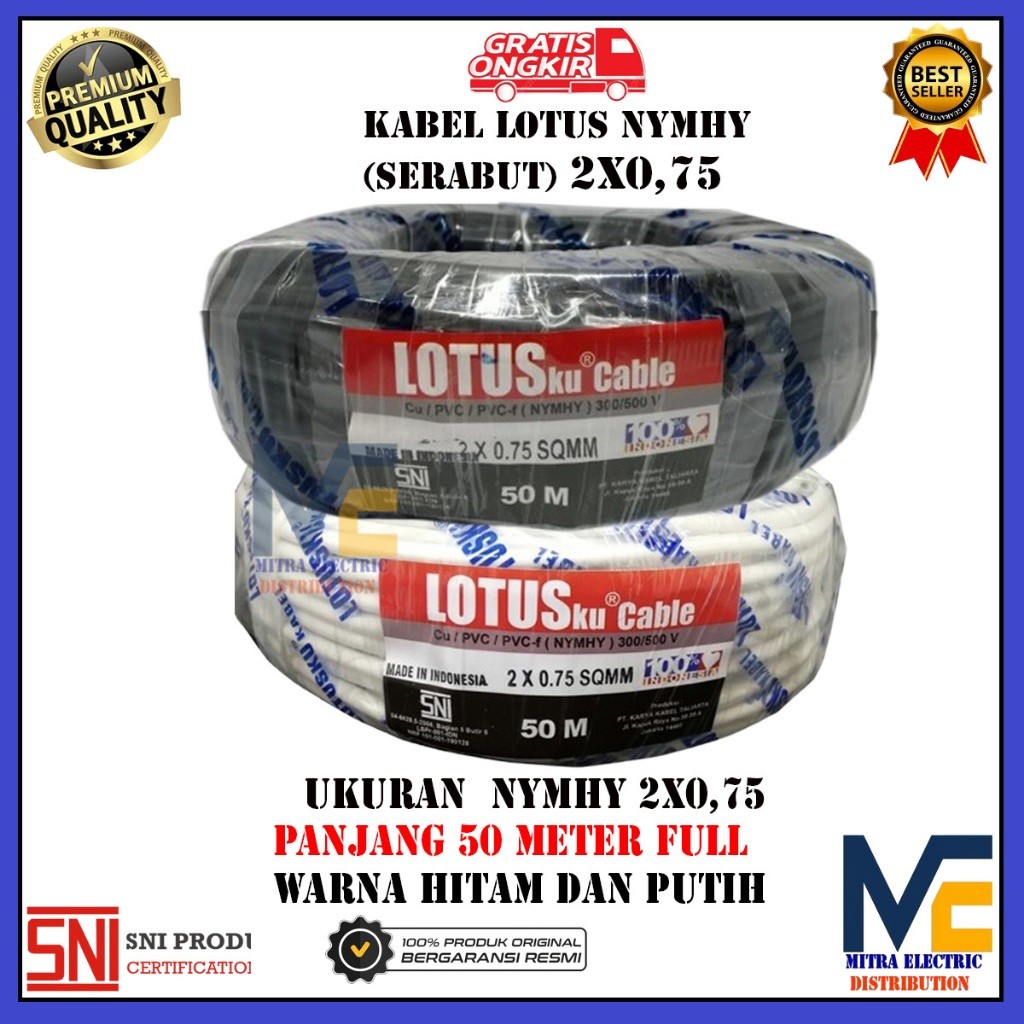 Kabel Serabut Lotus 2x.075 NYMHY 50 Meter
