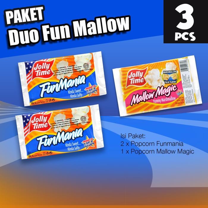 

Paket Duo Fun Mallow (2FM, 1MM) - Jolly Time Mircowave Popcorn