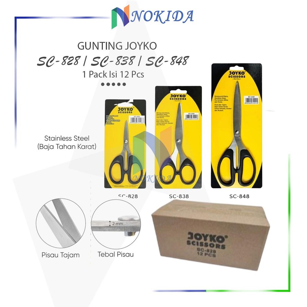 

Nokida Gunting Joyko [1 Box Isi 12 Pcs] / Gunting Kecil Sedang Besar Hitam / Scissors Stainless Steel SC-828 SC-838 SC-848 / Alat Potong Kertas Plastik Kain Rambut