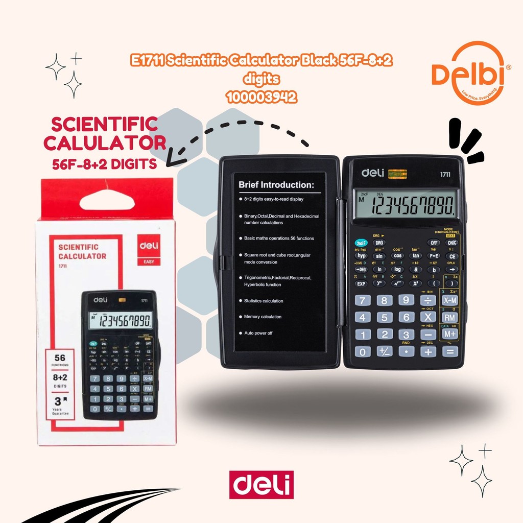 

Kalkulator Deli E1711 Scientific 56F 10 Digits E1711 Scientific Calculator Black 56F-8+2 digits