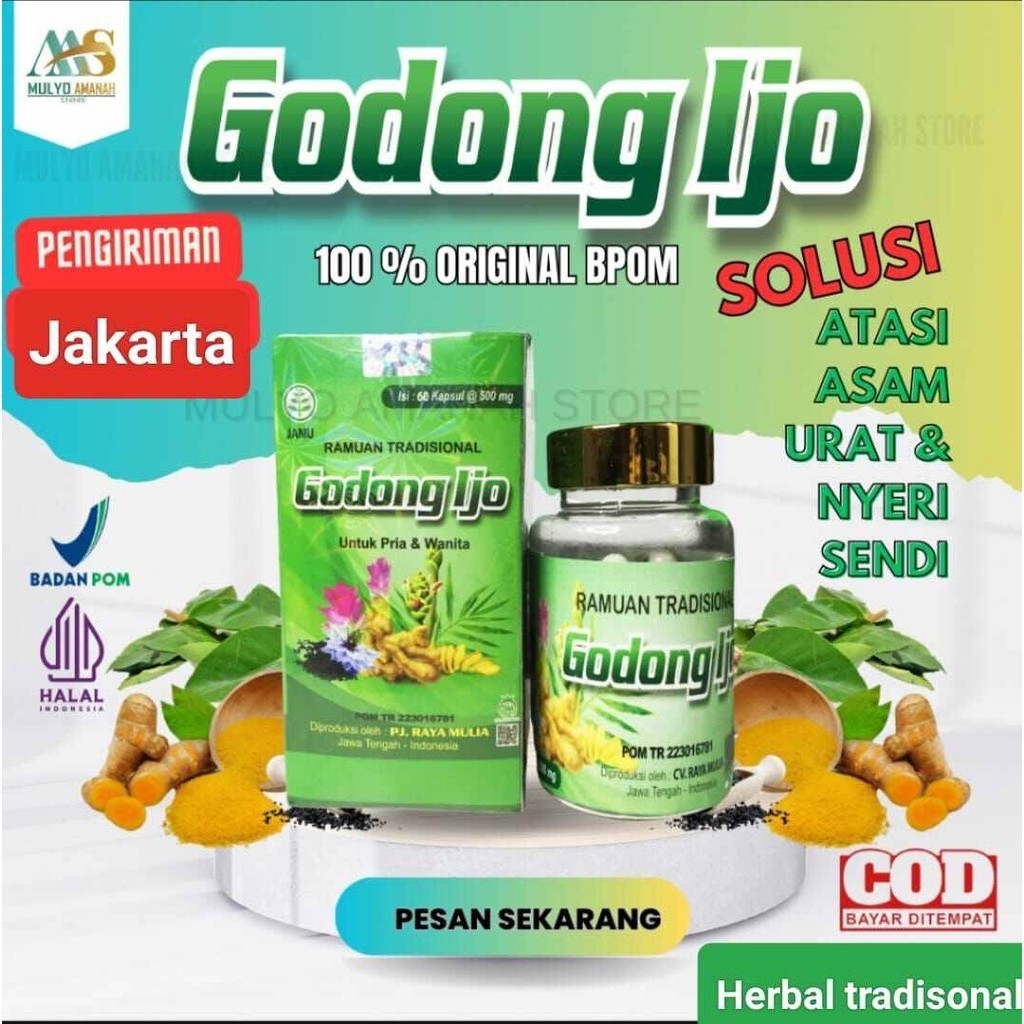 

Obat syaraf kejepit herbal Asam Urat nyeri sendi Kapsul Rematik jamo Godong Ijoo original BPOM KTM HERBAL joklen9000