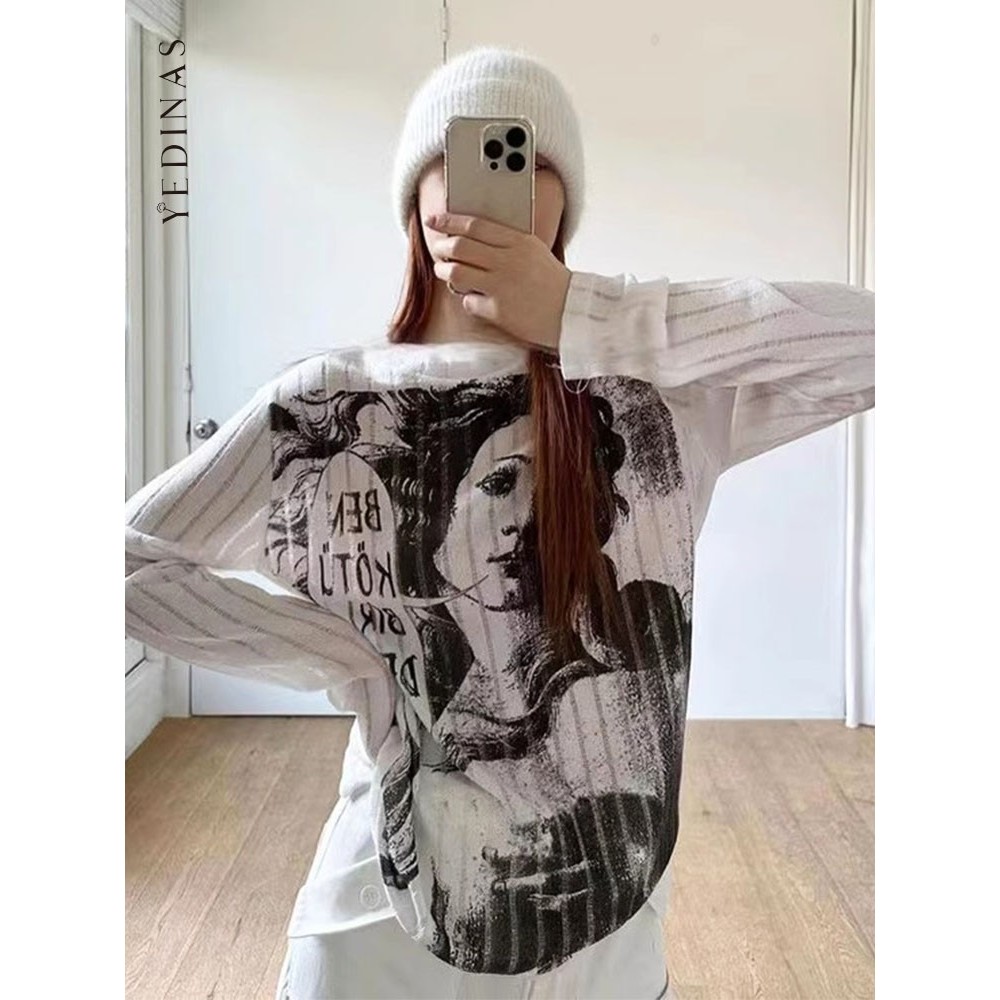 Yedinas American Retro Print Graphic Tees Korean Fashion Loose T Shirt Women Clothes Long Sleeve Str